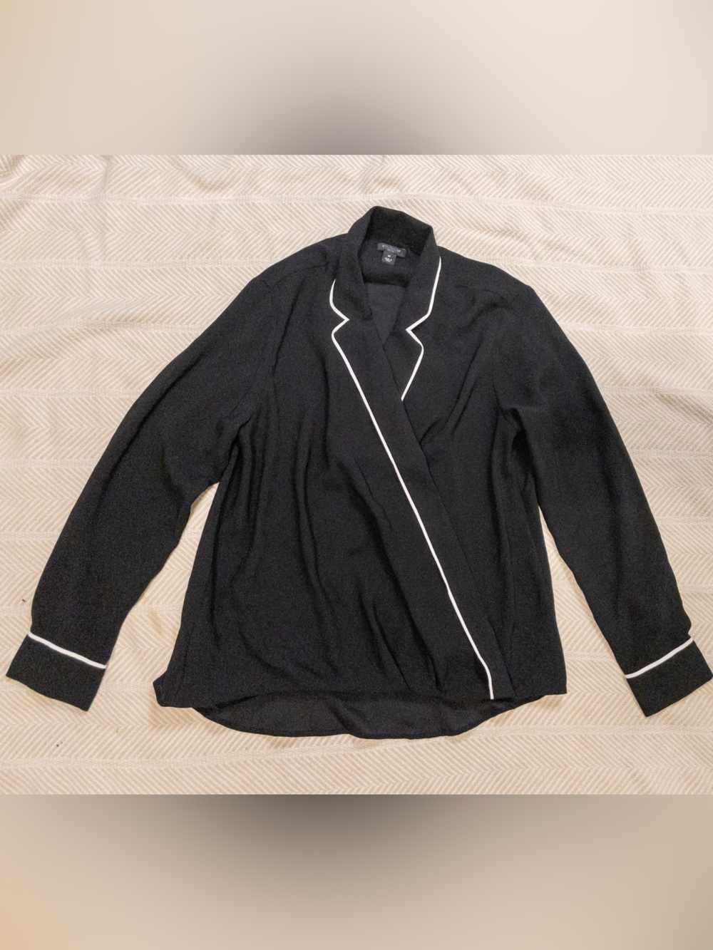 Ann Taylor Petite Black Blazer White Piping Open Front Tuxedo Jacket MP